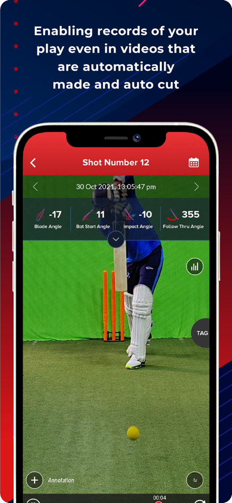 SmartCricket - BatSense - SmartCricket app interface displaying a cricket batting video with real-time performance metrics like blade and impact angles.