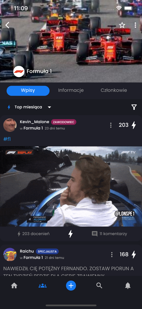 Hejto - Hejto app interface showing the Formula 1 community with social posts and user rankings