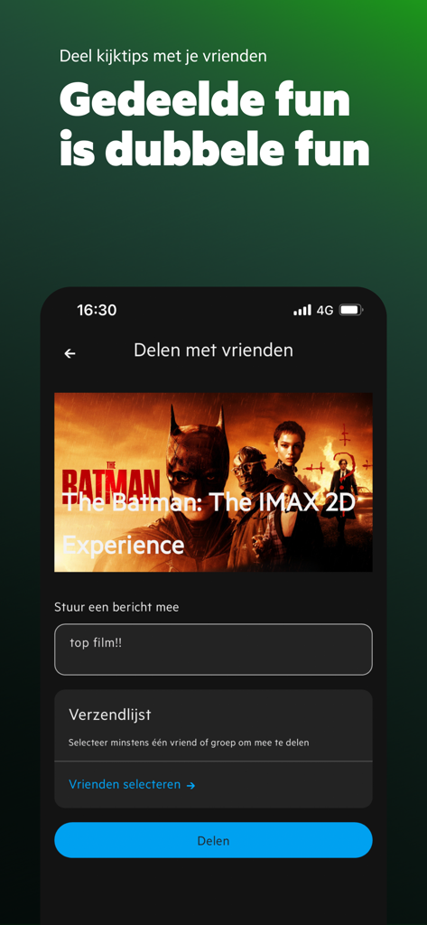 KPN TV+ App - Interface of the KPN TV plus app showing the share with friends feature for a movie recommendation