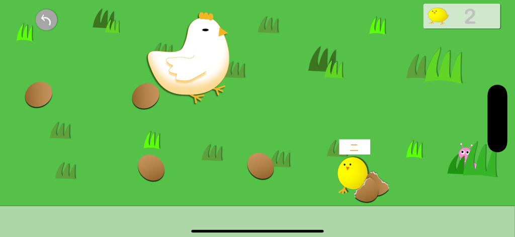 YummyChinese - Learn Chinese - YummyChineseの教育ゲーム画面。ニワトリとひよこが数字の2を表す中国語の文字を教えています。