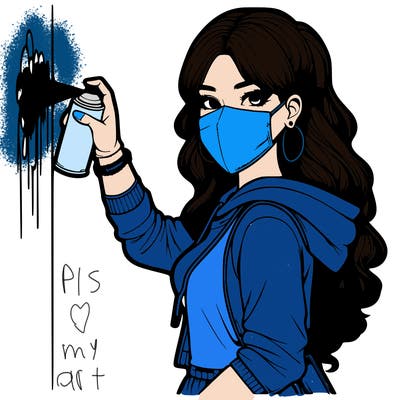 realistic girl with mask spray painting a wall