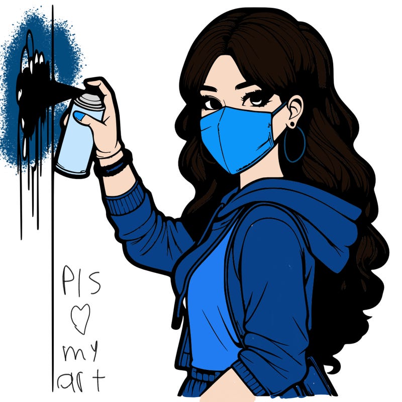 realistic girl with mask spray painting a wall