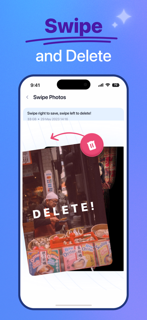 Cleanse AI－Phone, Mail Cleaner - Interfaz de la aplicación Cleanse AI que muestra la función de deslizar para eliminar para organizar y limpiar fotos.