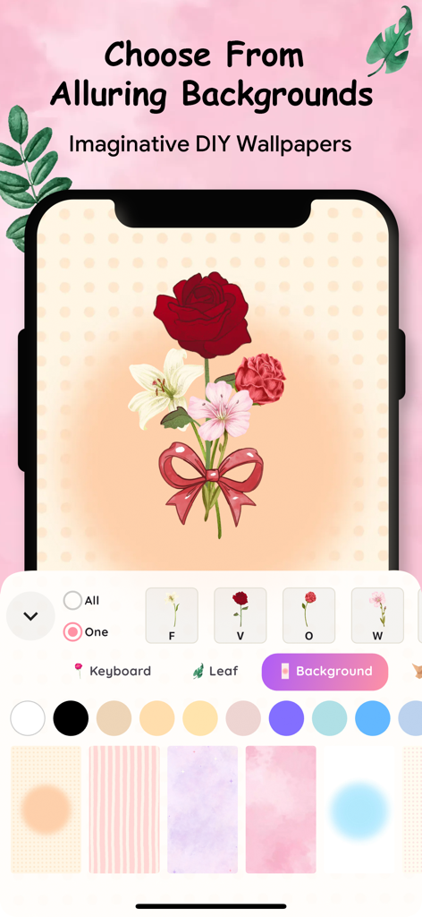 Flower Name: DIY Wallpaper - Interface mostrando vários padrões e cores de fundo para um arranjo de papel de parede floral personalizado.