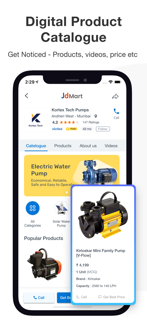 JdMart - B2B Marketplace - JdMart mobile app interface showing a digital product catalogue for industrial pumps with price details and verified supplier badges