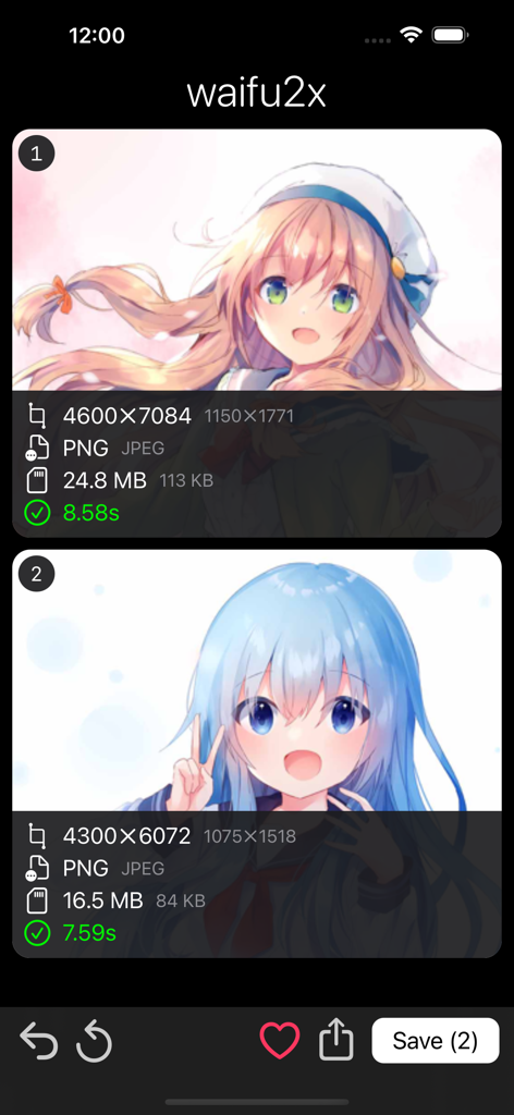 Screenshot of the waifu2x mobile app showing two upscaled anime illustrations with resolution and file size details.