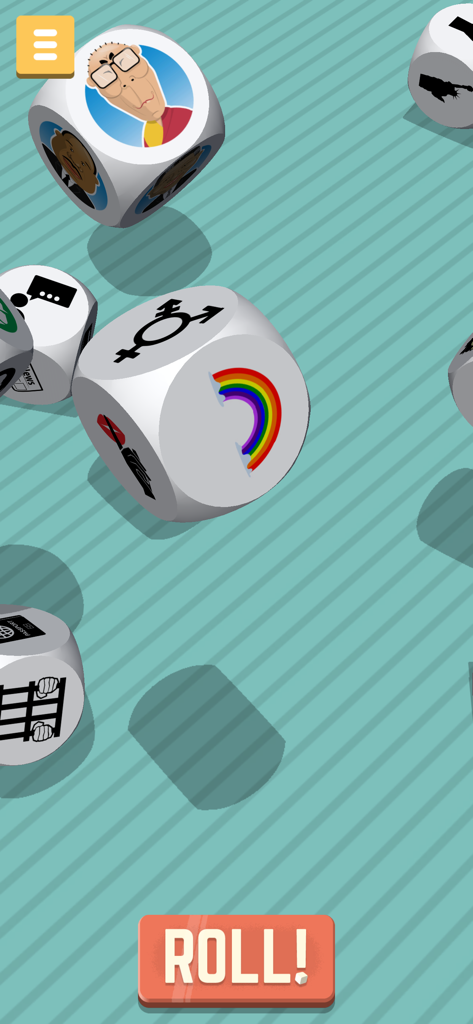 Story Dice - Human Rights - Tela do aplicativo móvel mostrando dados 3D com símbolos de direitos humanos como um arco-íris e sinais de gênero com um grande botão de rolar