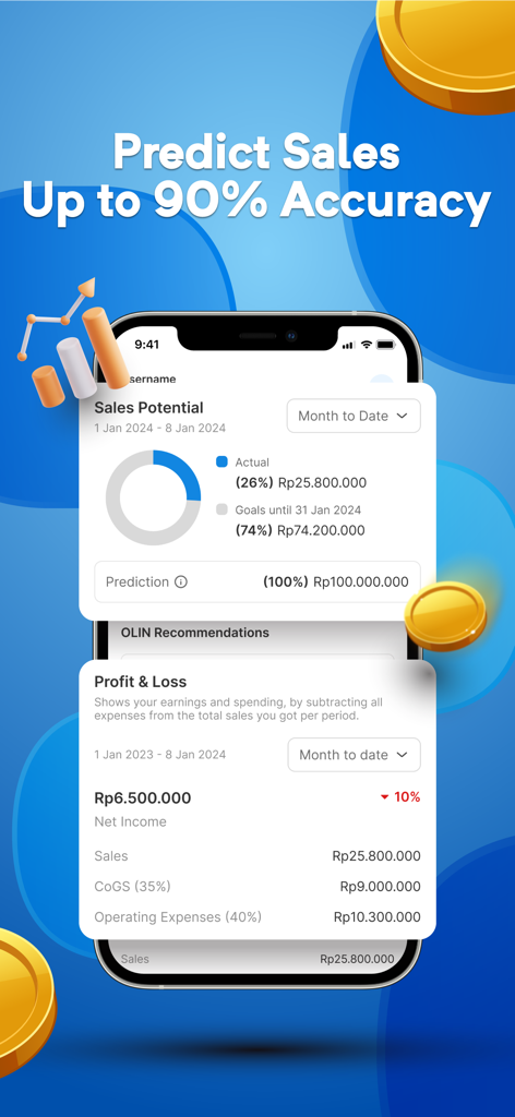 OLIN by ESB - Mobile app dashboard showing AI sales predictions and financial reports for business owners.