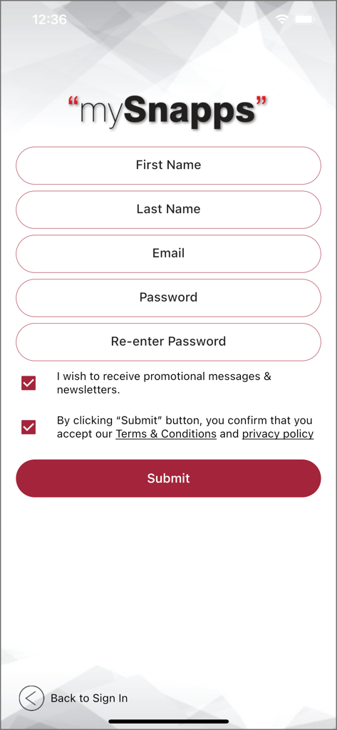 mySnapps - Schermata di registrazione dell'app mySnapps con campi di inserimento per nome, email e password