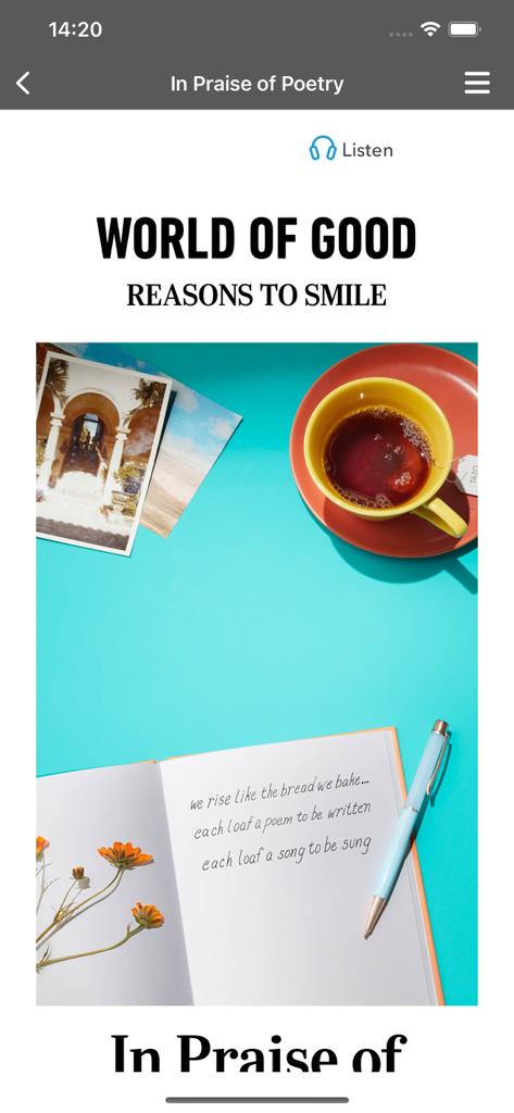 Screenshot of the Reader's Digest app displaying an article titled In Praise of Poetry with a cup of tea and a notebook.