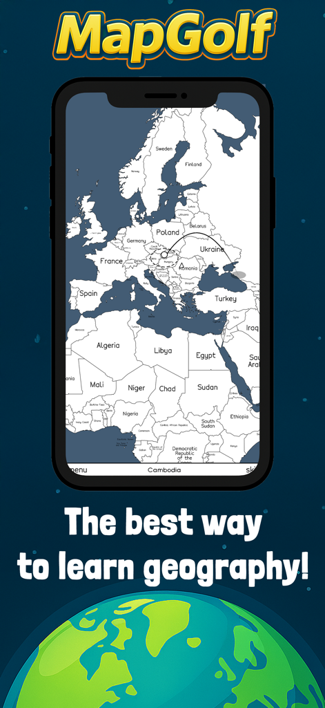 MapGolf: Learn Geography - Smartphone screen showing MapGolf gameplay with a golf ball trajectory over a map of Europe and Africa