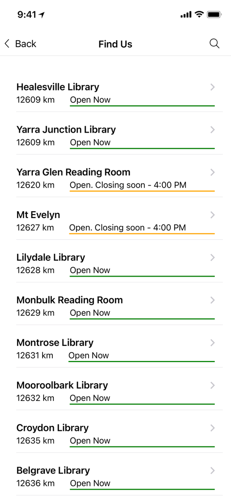 Your Library App - A list of local library branches in the Your Library App showing distances and current opening status