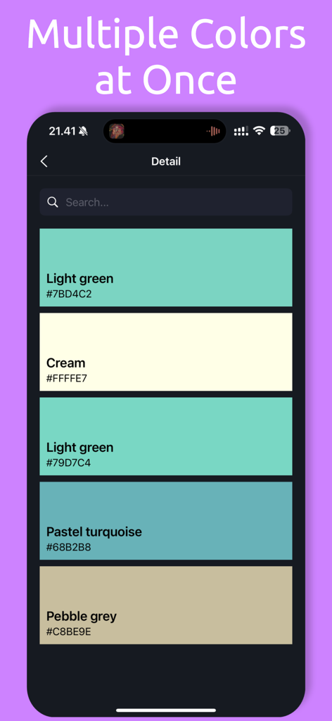 Color Identifier・Match Scanner - Pantalla de la aplicación móvil que muestra una lista de colores detectados, incluyendo crema verde claro y turquesa pastel con sus códigos hex correspondientes