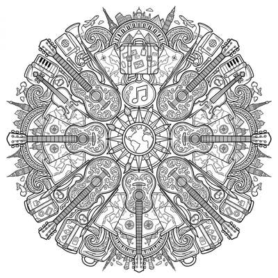 Dive into a world where musical notes meet travel destinations with this captivating mandala coloring page. Perfect for adventurers and artists alike, it offers a unique blend of creativity and relaxation.