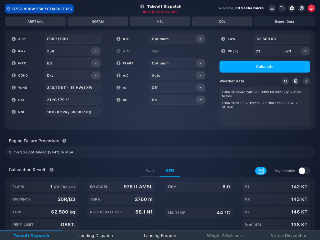 Takeoff dispatch interface of the Virtual Performance Tool showing Boeing 737 performance calculations