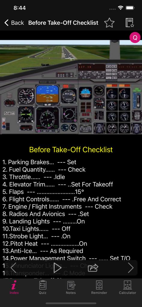 ATR 72 Simulator Checklist - Tela de lista de verificação antes da decolagem no aplicativo Simulador ATR 72 com visualização de simulação do cockpit
