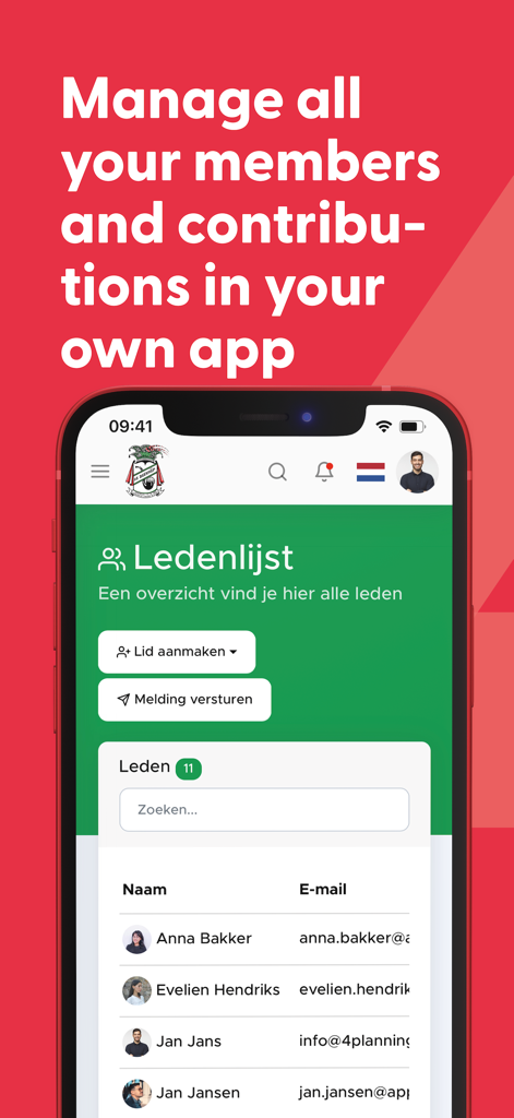 4planning - Smartphone screen showing the 4planning app member list and management dashboard.