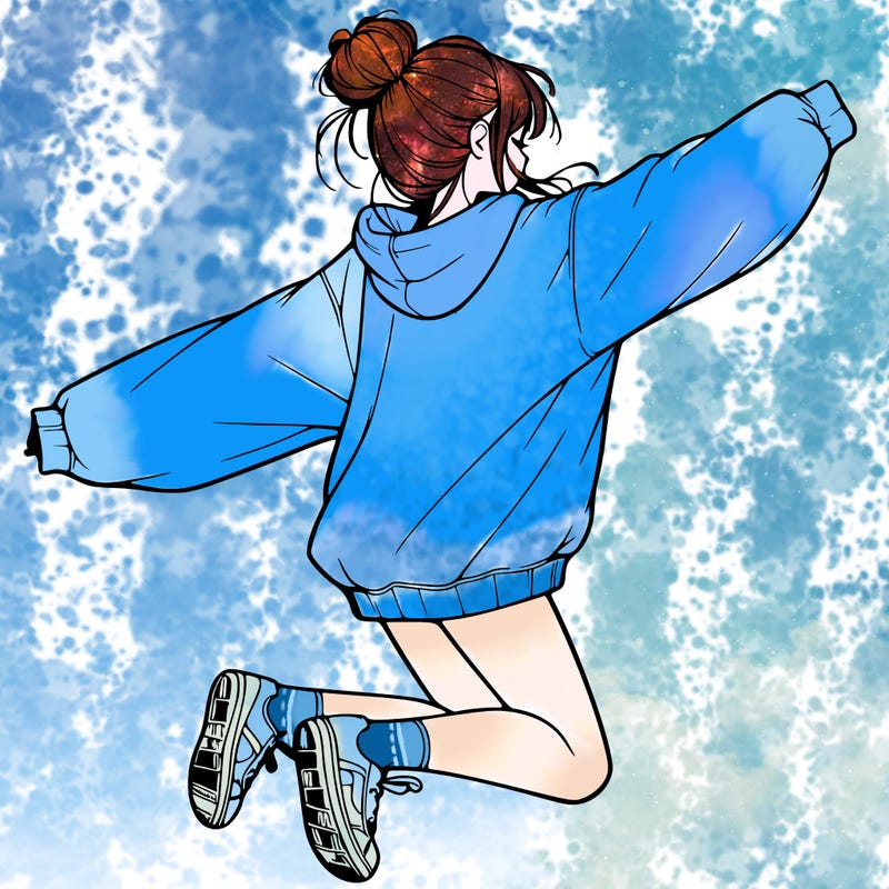 realistic girl jumping with a bun and oversized sweatshirt