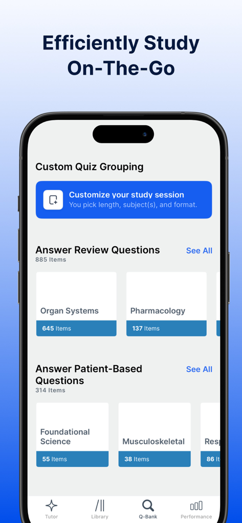 PANCE PANRE Mastery Test 2026 - PANCE PANRE Mastery app screen showing custom quiz grouping and medical review questions by category.