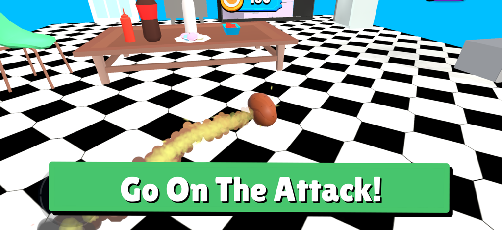 A potato character charging forward on a checkered floor with the text Go On The Attack