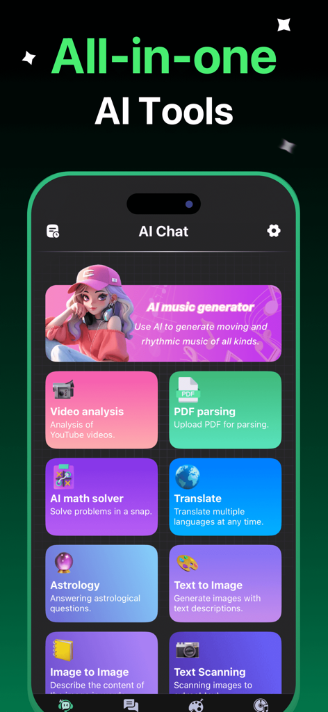 AI Chatbot - Ask AI Anything - A mobile screen showing the AI Chatbot app interface with various tools like AI music generator, math solver, and image creation
