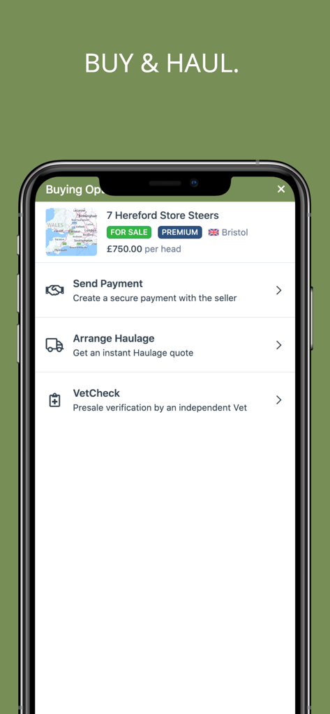 A mobile app interface displaying livestock buying options including secure payment haulage quotes and vet check verification services
