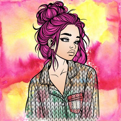 realistic woman with pajamas on and a messy bun