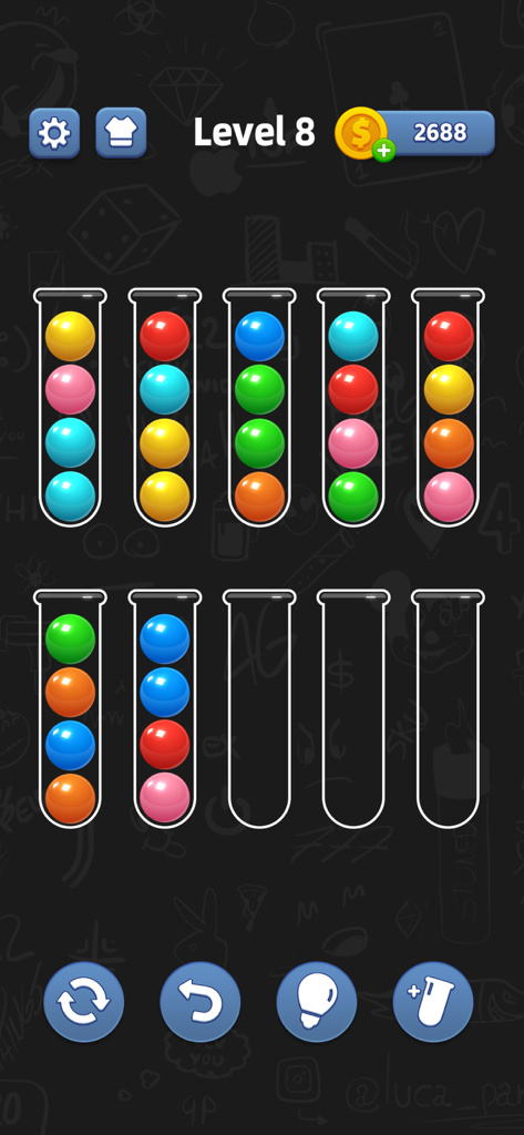 Gameplay of Ball Sort puzzle game showing colorful balls in tubes and action buttons at level 8