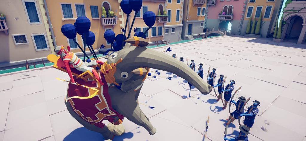 A large grey elephant carrying a red wobbler unit facing off against a line of blue archers in a town square.