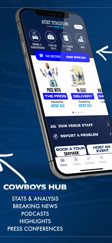 Dallas Cowboys mobile app displaying stadium services and fan hub features