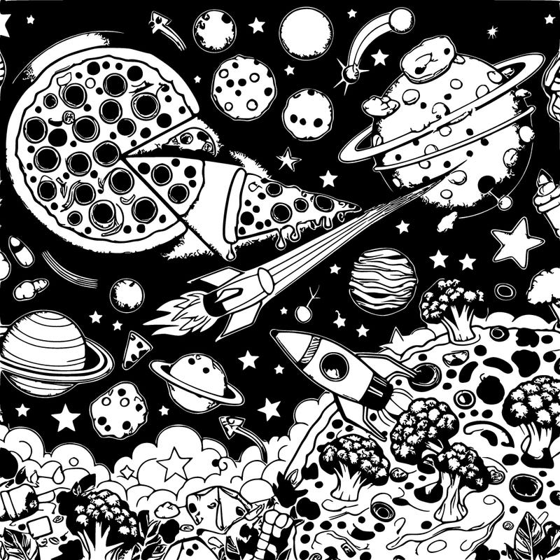 in this whimsical coloring page, embark on a journey to a galaxy where pizzas roam the cosmos! picture a vast expanse of starry space, dotted with celestial toppings like pepperoni planets, cheese comets, and olive asteroids. in the center, a giant pizza slice spaceship cruises through the galaxy, manned by a crew of adventurous toppings.

the scene is filled with quirky details: imagine cheese constellations twinkling in the distance, broccoli forests growing on distant moons, and sausage rings encircling gas giants. floating among the stars are pizza slices with rocket boosters, zipping around like intergalactic delivery drones.

your mission as the colorist is to bring this cosmic pizza party to life! use vibrant colors to paint the universe in your own unique style. will you opt for a classic pepperoni palette or get creative with rainbow-hued toppings? the choice is yours as you sprinkle your imagination across this cosmic canvas.