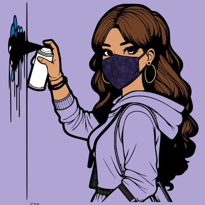 realistic girl with mask spray painting a wall