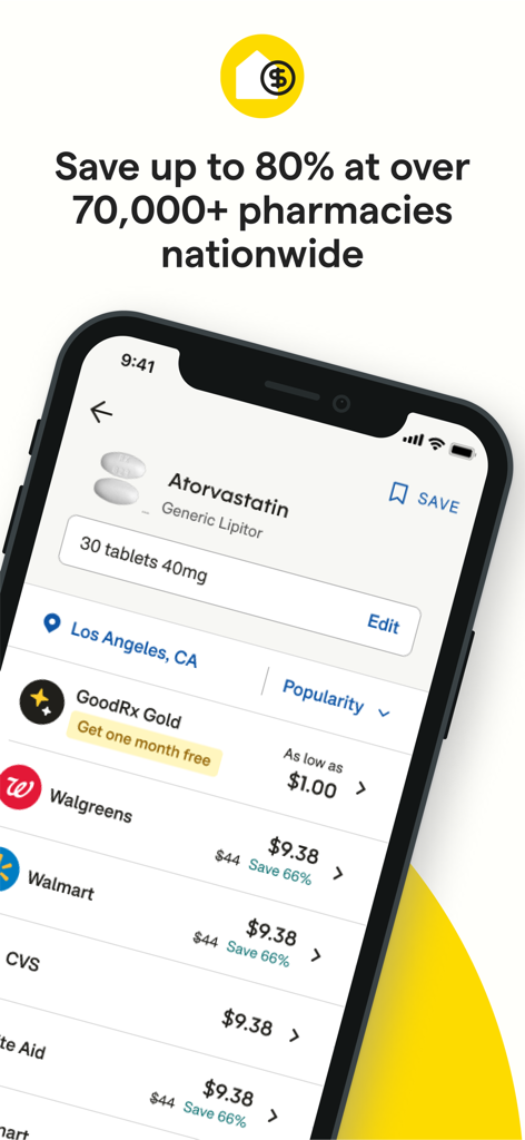 GoodRx: Prescription Coupons - Schermata dell'app GoodRx che mostra confronti di prezzi per Atorvastatina presso varie farmacie tra cui Walgreens e Walmart.