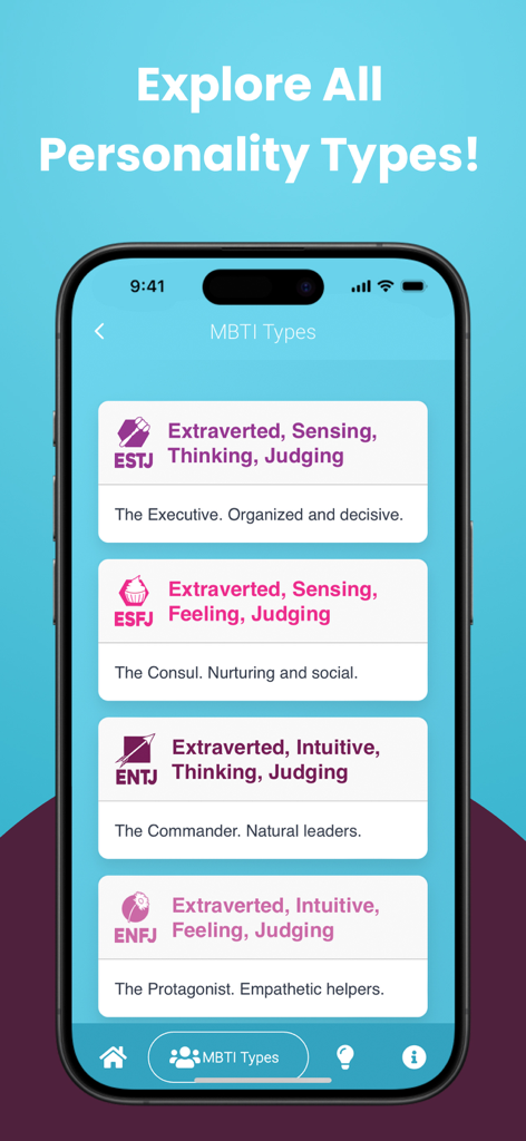 MyMBTI - Personality Test - A list of MBTI personality types such as The Executive and The Consul displayed in the MyMBTI mobile app