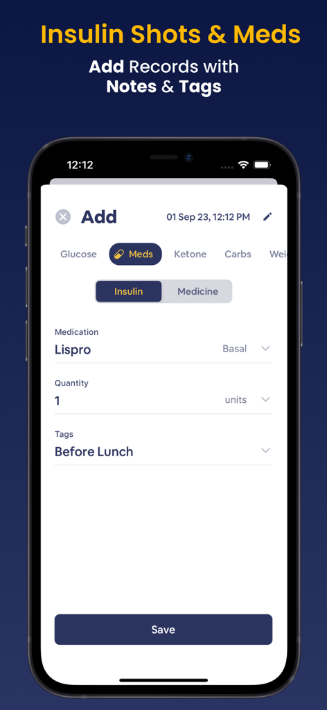 Blood Sugar Monitor Glucobyte - Glucobyte app screen for adding insulin and medication records with custom tags