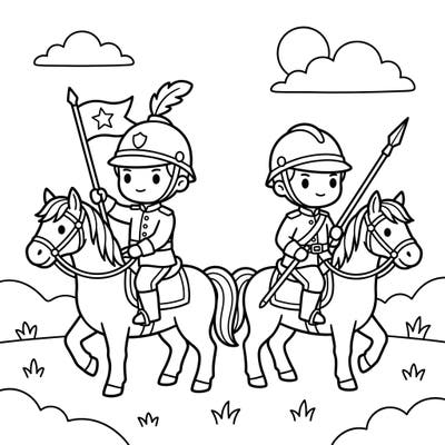Introduce your little one to the brave world of cavalry soldiers with this charming coloring page! Designed specifically for toddlers, it features simple shapes and thick lines for an easy, enjoyable coloring experience.