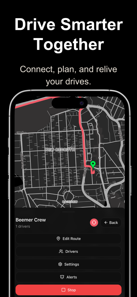 Convoy Tracker app interface showing a navigation map for a group car drive
