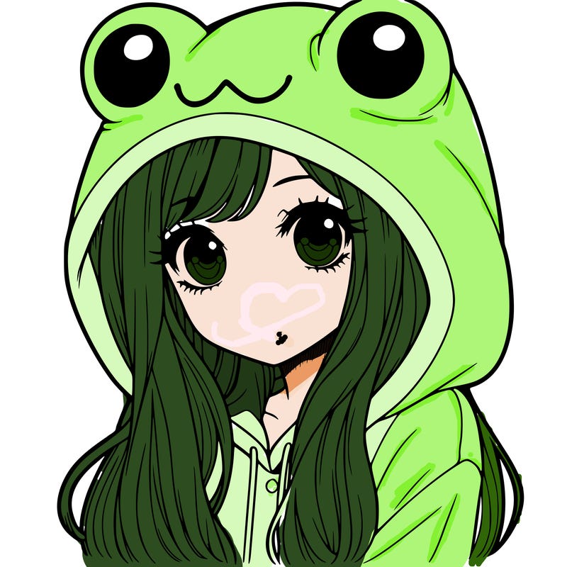 a pretty girl wearing a frog hoodie portrait with long hair