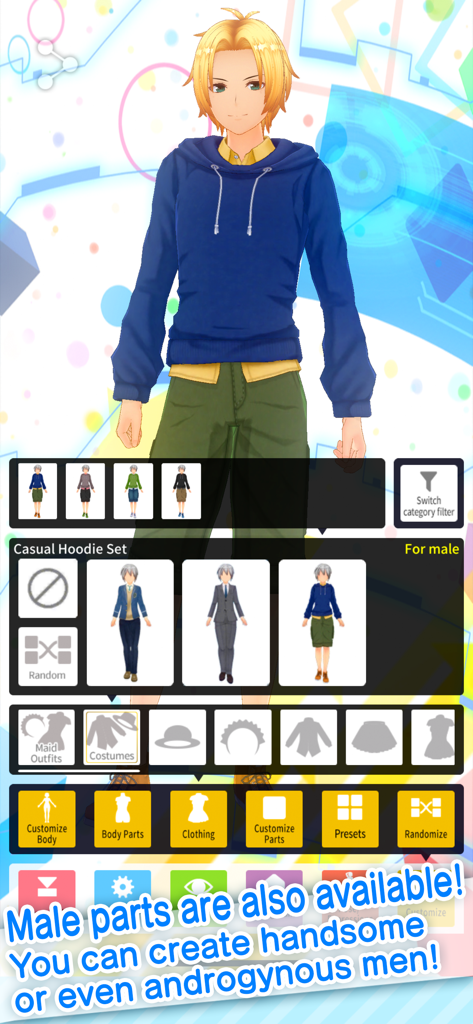 Male character customization interface in Custom Cast app showing an anime avatar in a blue hoodie