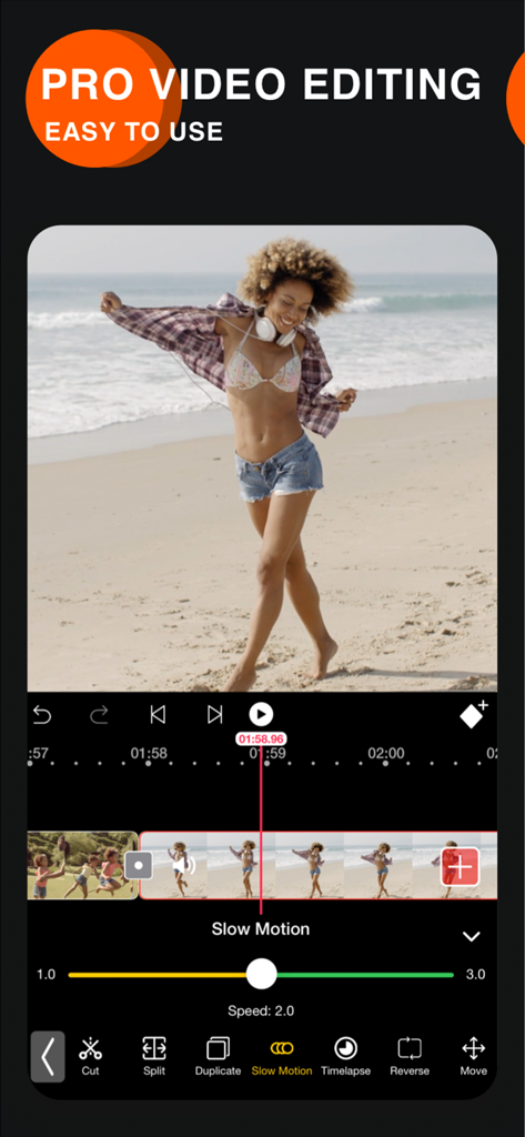 Video Eraser . - Interface of the Video Eraser app showing slow motion video editing tools with a speed adjustment slider.