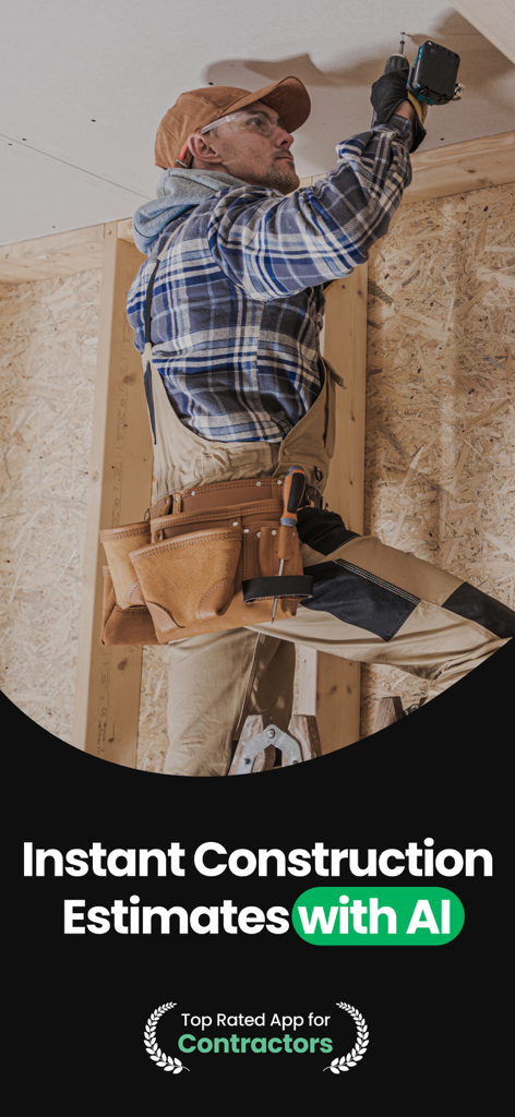 Handoff Construction Estimator - A contractor working on a ceiling with text highlighting instant AI construction estimates.
