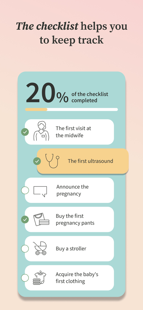 Captura de pantalla de la función de lista de verificación de la aplicación Preglife que muestra los hitos del embarazo y el progreso completado en un 20 por ciento.
