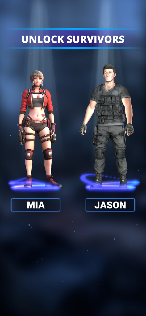 Last Survivor - Zombie Shooter - Character selection screen showing Mia and Jason from Last Survivor Zombie Shooter
