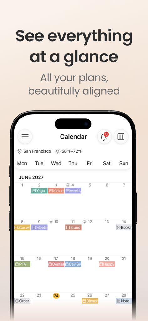 24me: Calendar・Planner & To Do - Vista de calendario mensual en un smartphone que muestra tareas y citas codificadas por colores en la aplicación de productividad 24me.