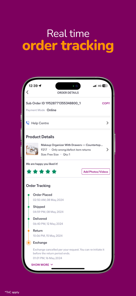 Interface of Meesho app showing real-time order tracking status from placement to delivery and return options.