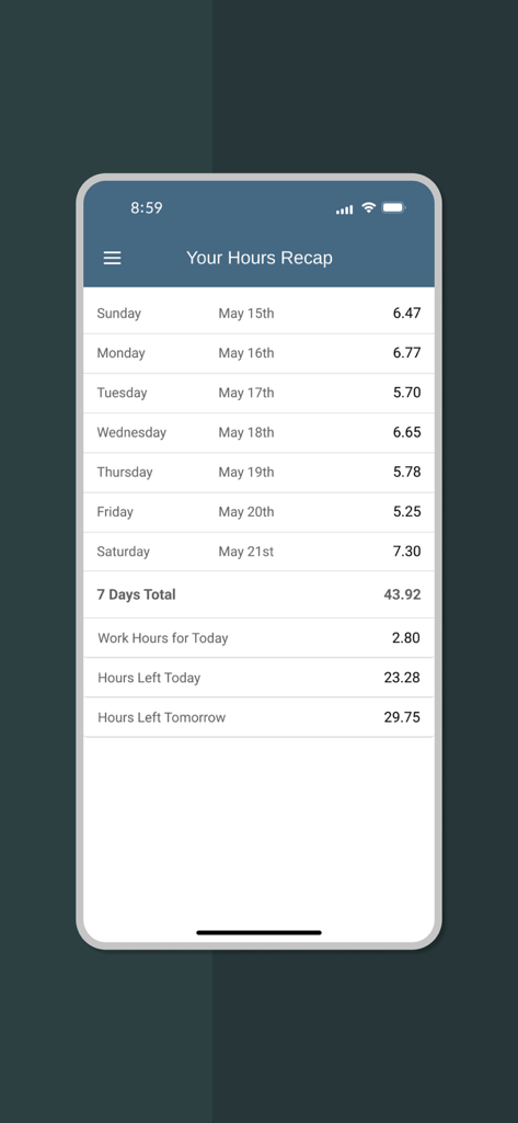 FIRSTGATE ELD - FIRSTGATE ELD mobile App zeigt eine wöchentliche Zusammenfassung der Servicezeiten, einschließlich täglicher Protokolle und verbleibender Stunden