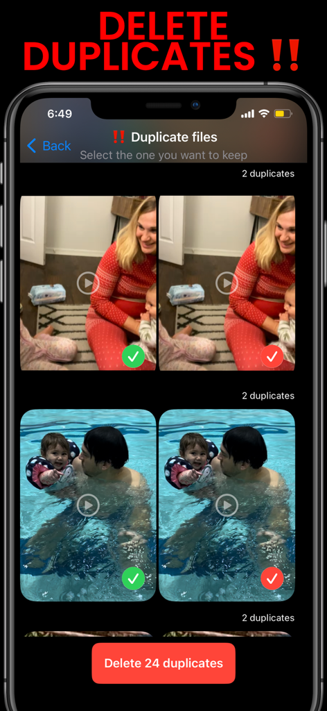 Interfaz de la aplicación limpiadora de almacenamiento PX que muestra fotos duplicadas para eliminarlas y liberar espacio