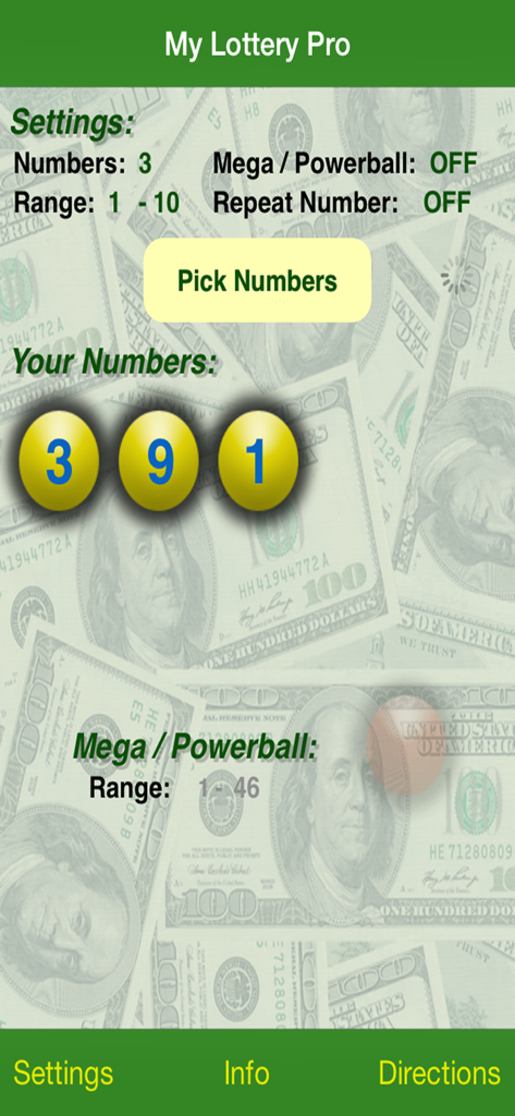 My Lottery Pro - My Lottery Pro app interface showing three generated lucky numbers and picker settings