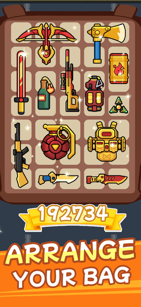 Bag Merge : Zombie Battle - A backpack inventory grid filled with various cartoon weapons and the text Arrange Your Bag