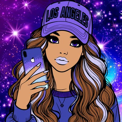 realistic beautiful girl wearing los ángeles cap holding an iphone